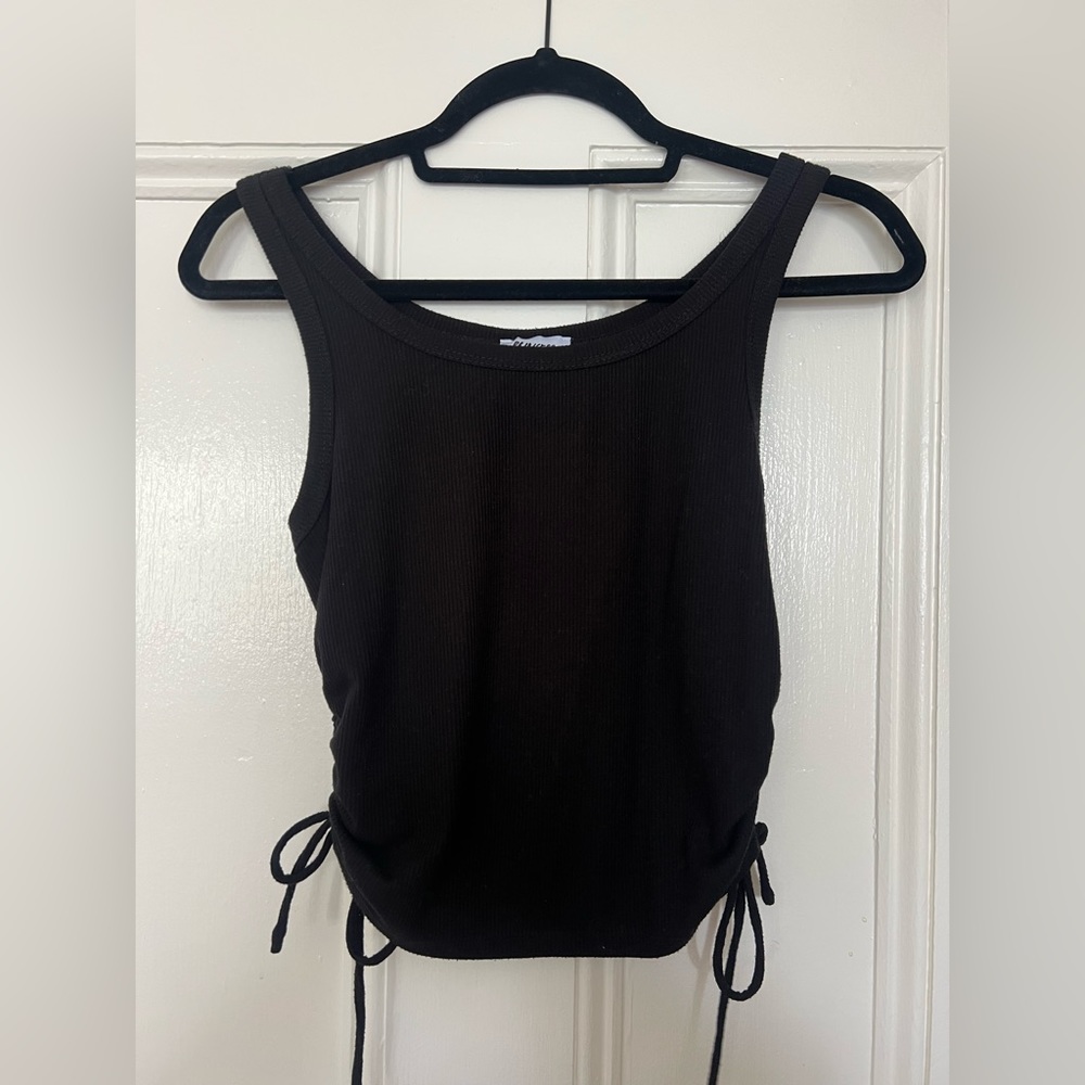 Princess Polly Black round neck tank with adjustable ruched sides with ties